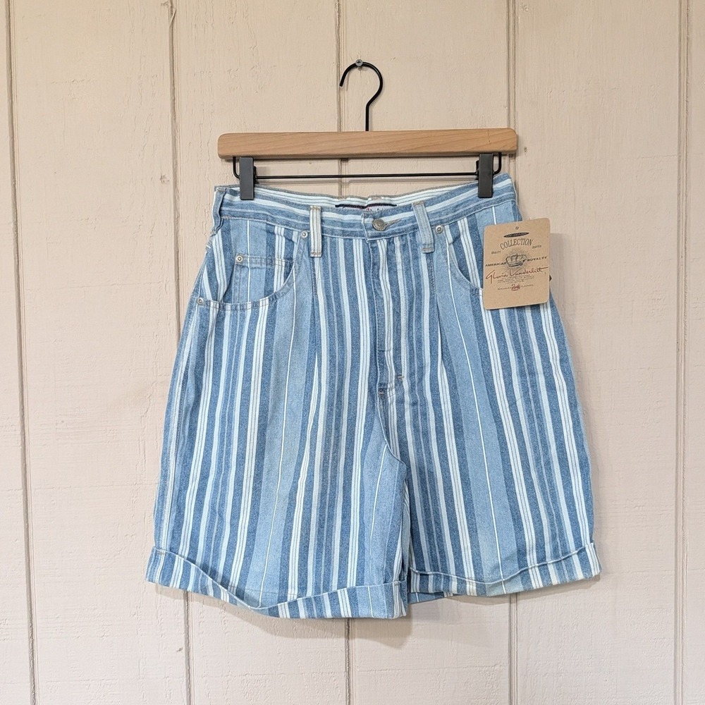 Vintage Striped Denim Shorts Blue White‎ Pleated High Rise Bermuda 90s Mom 10